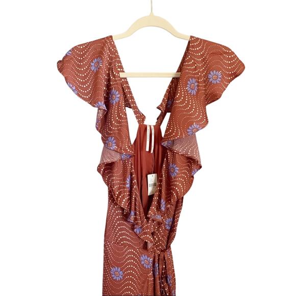Anthropologie Ruffle Sleeve Printed Wrap Maxi Dress XS Brown NWT - Picture 5 of 10